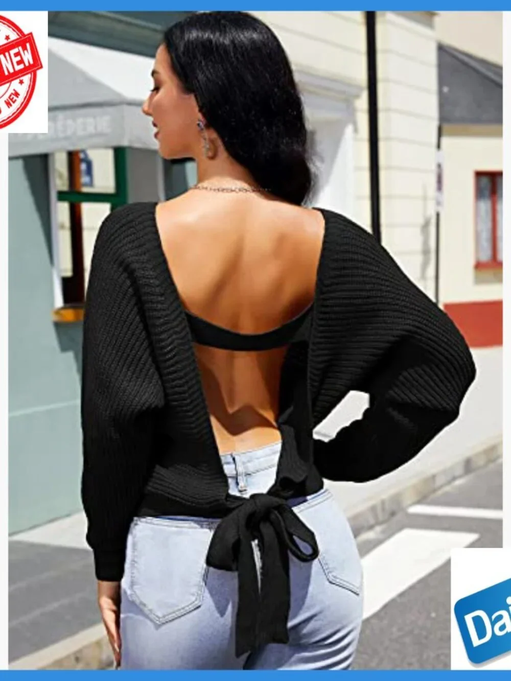 Cropped Ribbed Sweater V-Neck Backless Tie Loose Fit Batwing Sleeve